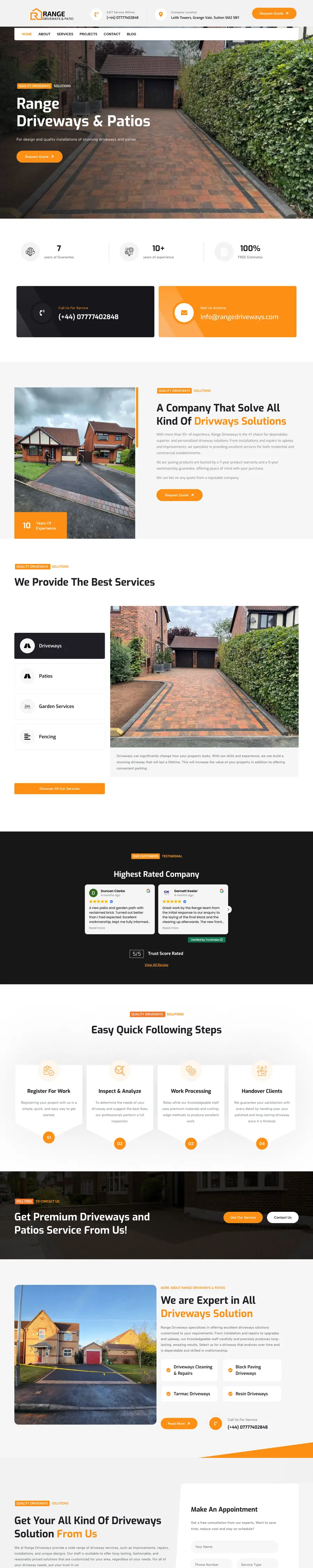 Full-page screenshot of the Range Driveways and Patios website