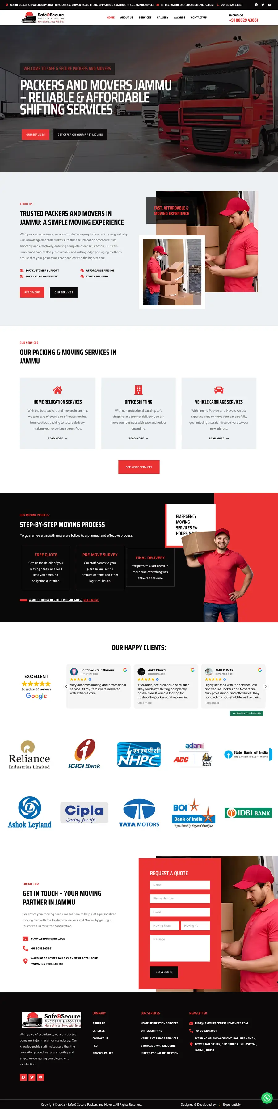 Full-page screenshot of the Safe and Secure Packers and Movers website