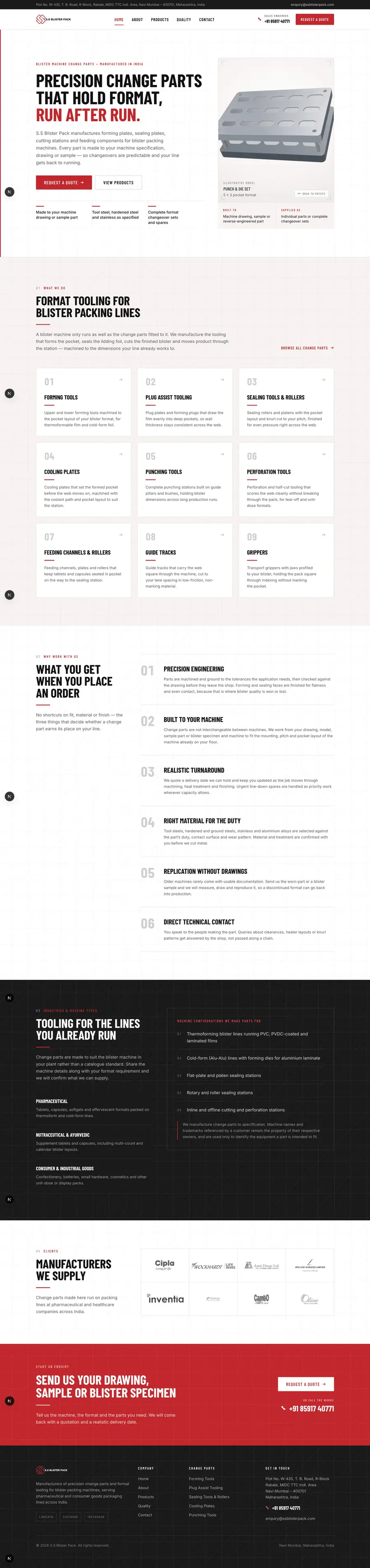 Full-page screenshot of the S.S Blister Pack website